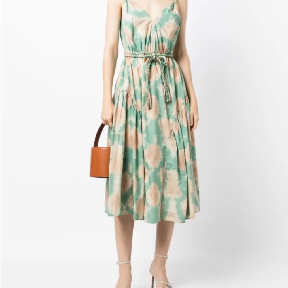 Ulla Johnson Green Pink Pleated Tie Front Midi Dress